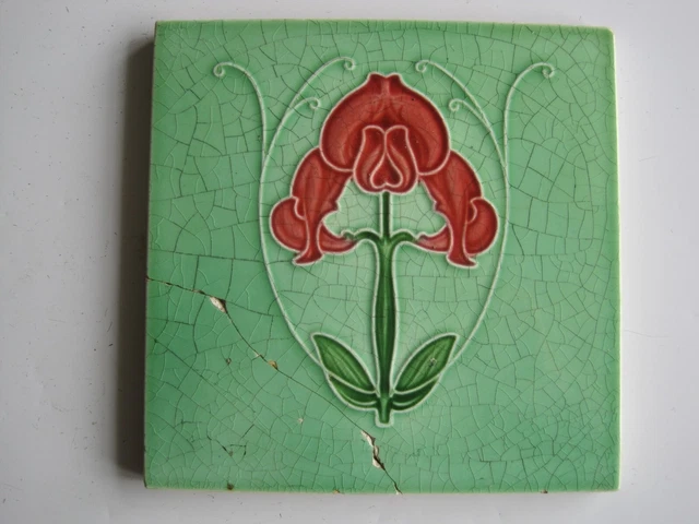 Antique 6" Moulded & Majolica Glazed Art Nouveau Tile -  Marsden Tile  C1906/08