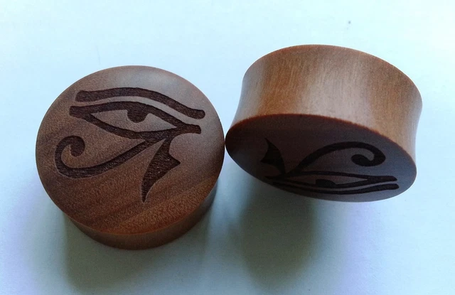 1 Pair ORGANIC Hand Carved Egyptian Eye Saba Wood Saddle Ear Plugs Taper Gauges 3