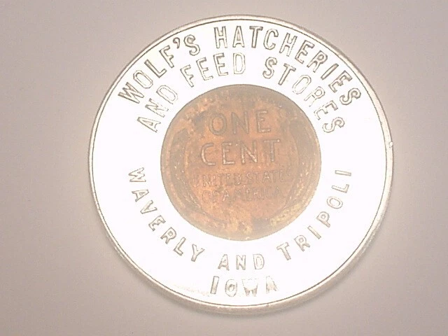 Waverly & Tripoli, IA 1945 Encased Cent Penny-Wolf's Hatcheries And Feed Stores