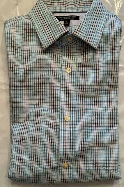 Banana Republic Shirt Mens Large Teal Blue Plaid Check Non Iron Classic