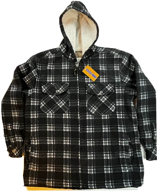 Sherpa lined Flannel Jacket Zip-Up with Hoodie Black XL Plaid Sweatshirt Shirt