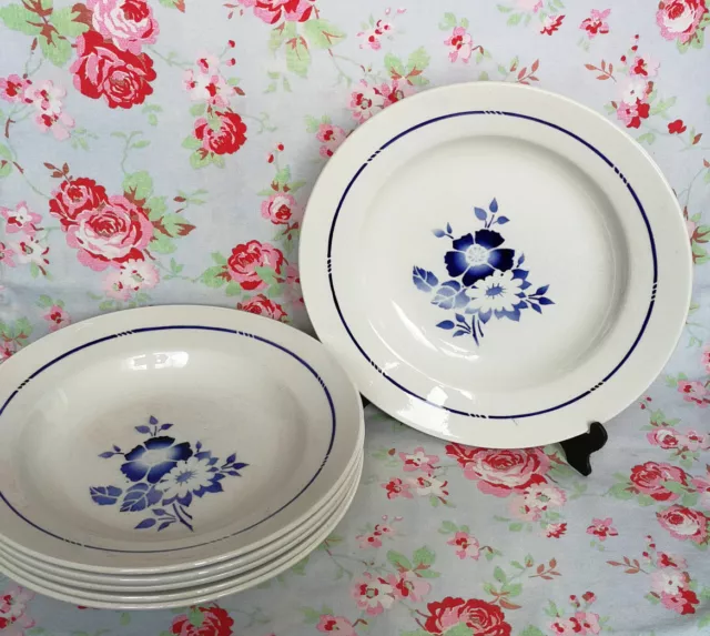 6 Assiettes Creuses St Amand Ancienne Fleur Bleu Pochoir Rose French (Digoin)