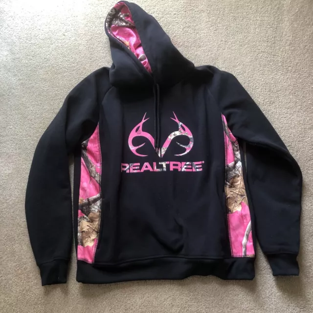 Realtree Womens L Black Hoodie  Sweatshirt Pink camo Trim Antlers