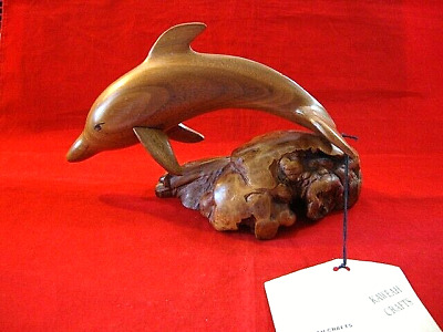 kaweah Crafts Hand Carved English Walnut Wood on Burl Wood Dolphin Sculpture