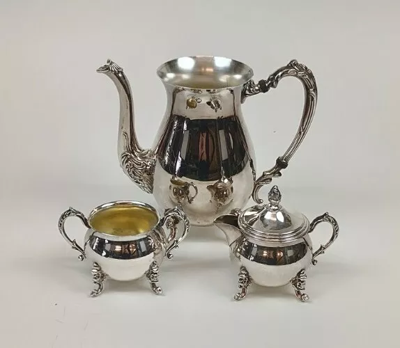 Sheridan Silver Co, Silver On Copper, Teapot/Coffee Pot, Creamer & Sugar (Read)