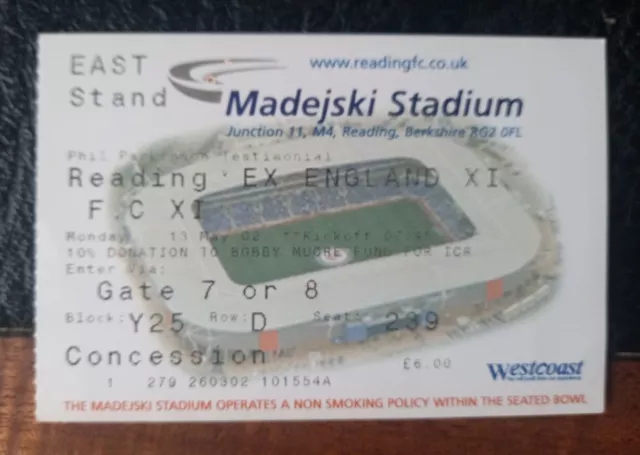 Ticket Stub Reading V Ex England X1 Phil Parkinson Testimonial 2002