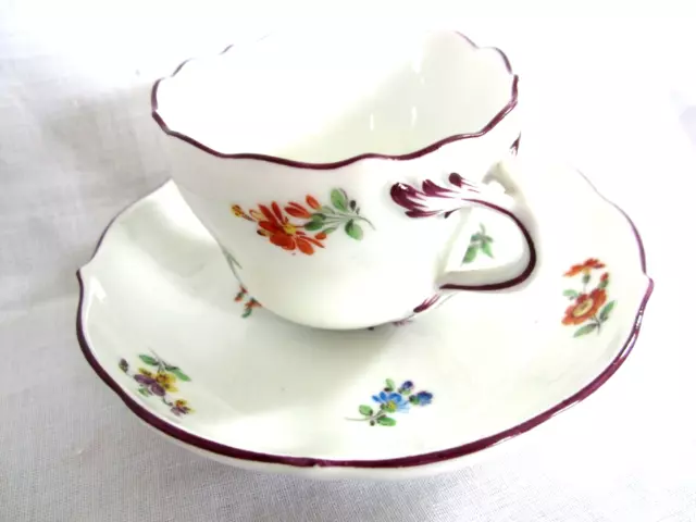 Meissen Porcelain Miniature Cup and Saucer Painted with split handles