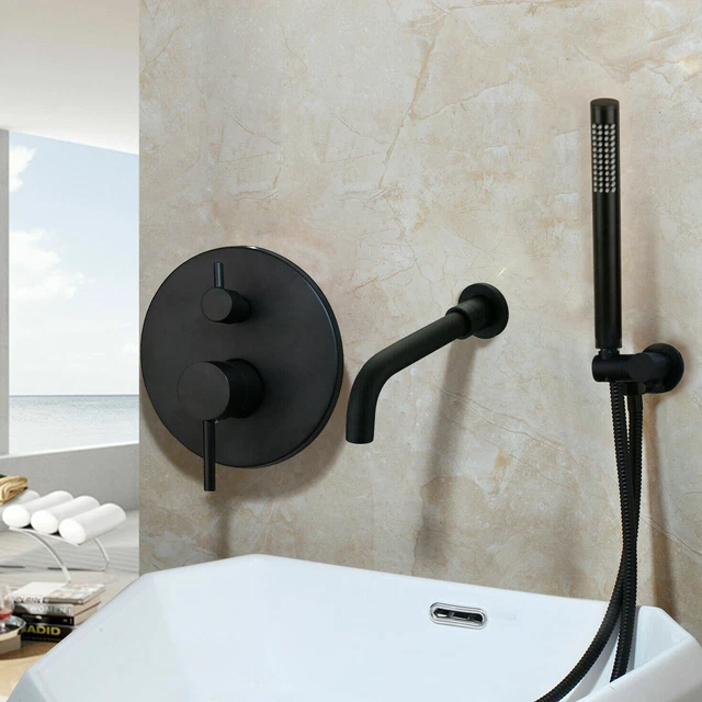 Black Spout Bathroom Tub Wall Mount Faucet + Hand Spray Mixer Shower Tap Set