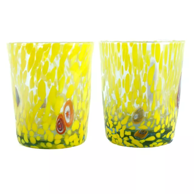 Par De 2 Murano Gafas Bebible Art Vaso Amarillo Hecho a Mano Millefiori