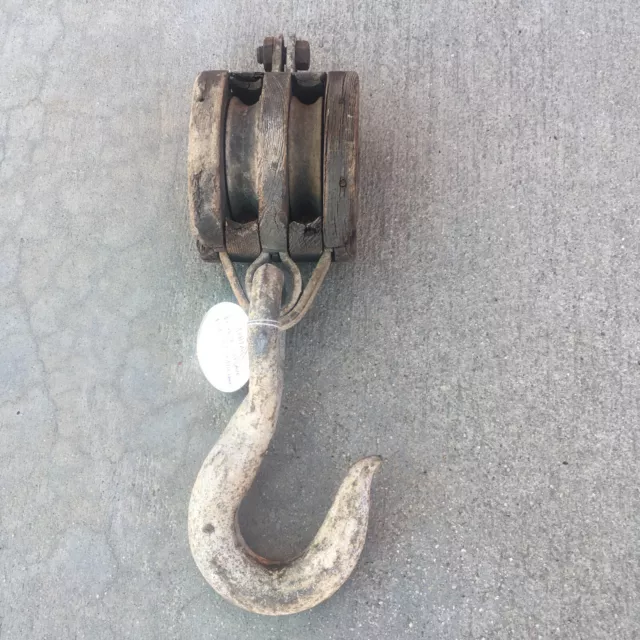 Heavy Vintage Double Sheave Pulley with Cast Hook Industrial Farm Lifting Decor