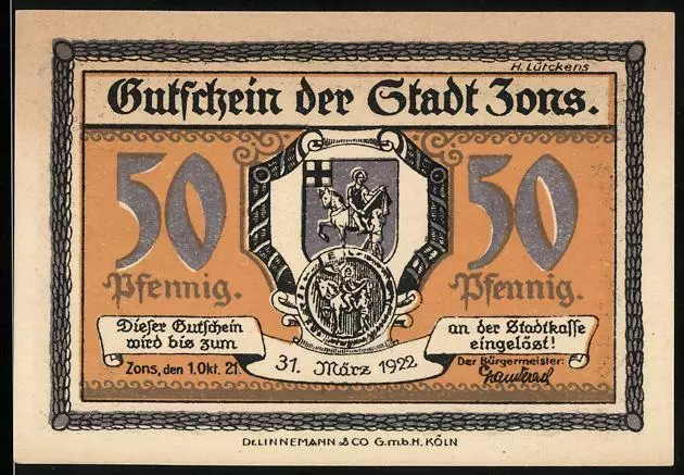 Notgeld Zons / Rhein 1921, 50 Pfennig, Panorama und Rheinpartie, Wappen