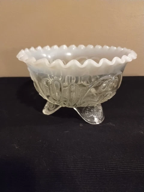 Jefferson Glass Northwood White Opalescent Meander 3 Footed Deep Ruffled Bowl