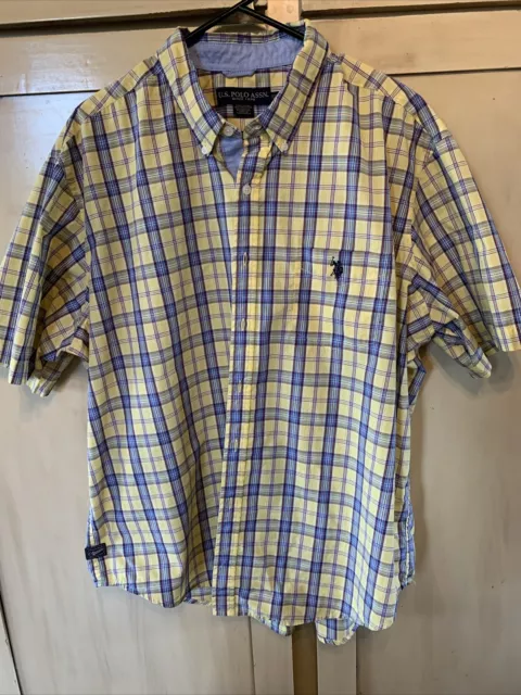 Ralph Lauren Shirt Mens Medium Yellow Blue Plaid Button Up Short Sleeve XXL