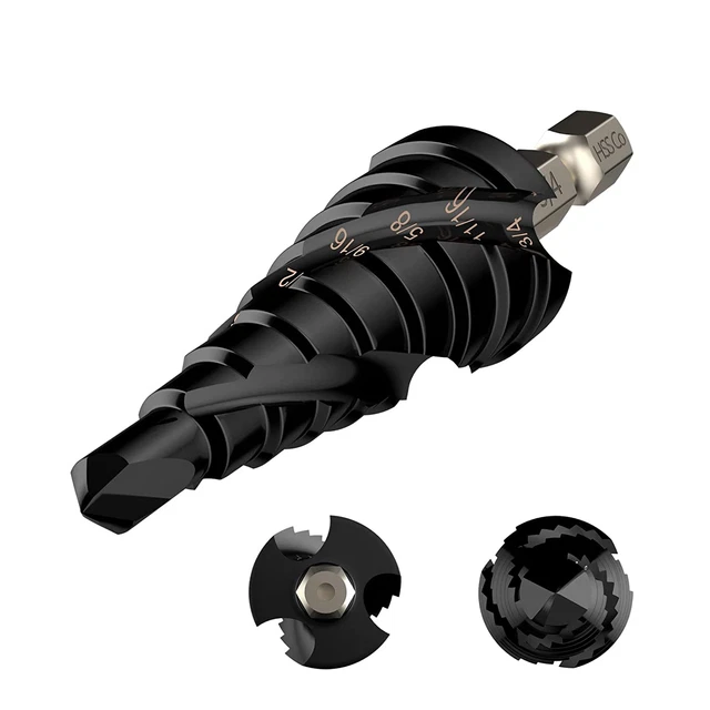 M35 Step Drill Bit, 1/4”-3/4" Impact Ready Three Spiral Flute Unibit Step Bit, 1