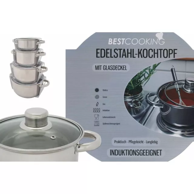 Kochtopf 3,5 Liter 20 cm Edelstahl mit Glas Deckel Topf Kochen Braten Induktion 3