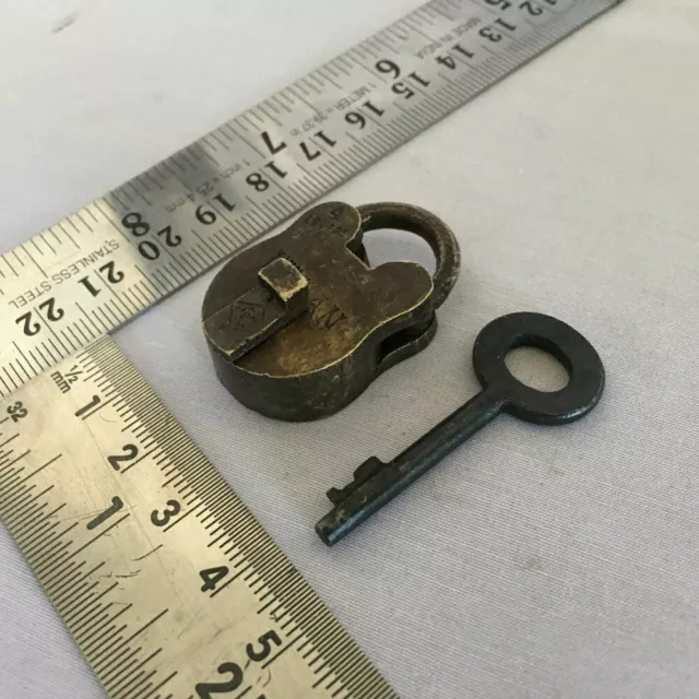 008 Old antique solid brass padlock or lock with key small miniature RARE SHAPE