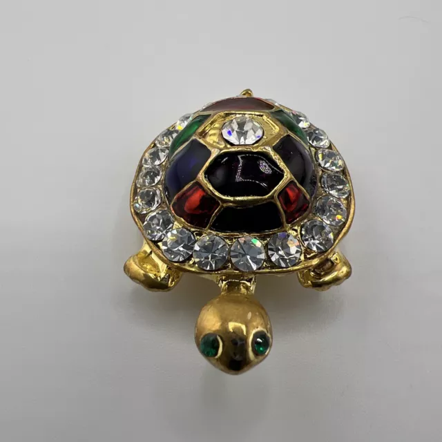 Vintage Gold Tone Rhinestone Red Blue Green Rainbow Enamel Turtle Brooch Pin