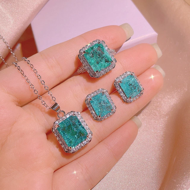 Women 925 Silver Filled Green Zircon Pendant Necklace Stud Earrings Ring Set