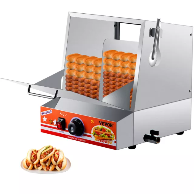 VEVOR 500W Commercial Hot Dog Steamer Electric Drop Down Door Food Bun Warmer,