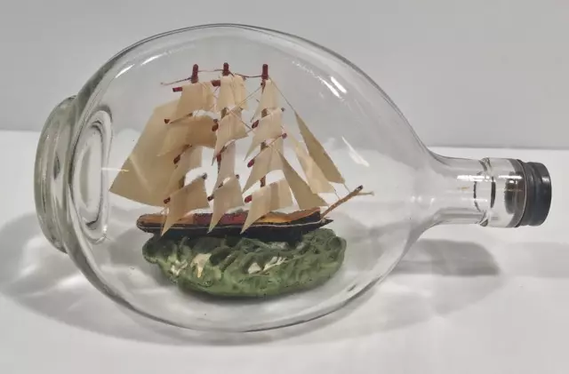 Vintage Ship in a Bottle 9" Handmade Triple Sail Mast Pinched Haig Dimpled Alco