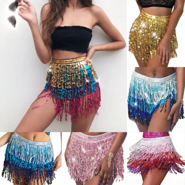 Belly Dance Hip Scarf Belt Wrap Tassel Sequin Waist Skirt Festival Rave Costume