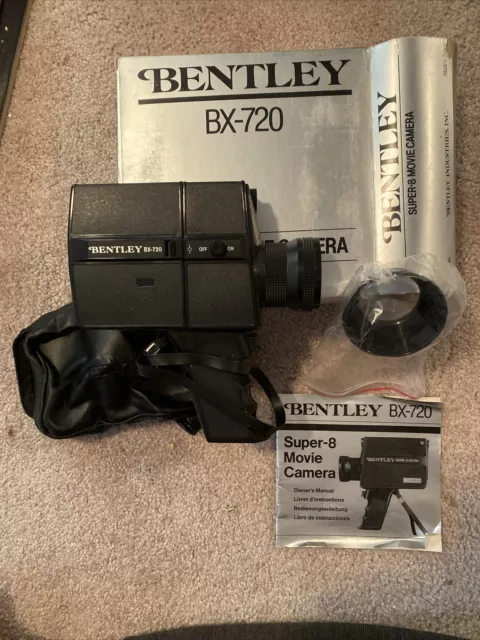 Bentley Super 8mm BX-720 Movie Camera VTG 80s w/ Box, Cover, Lens Light Shield