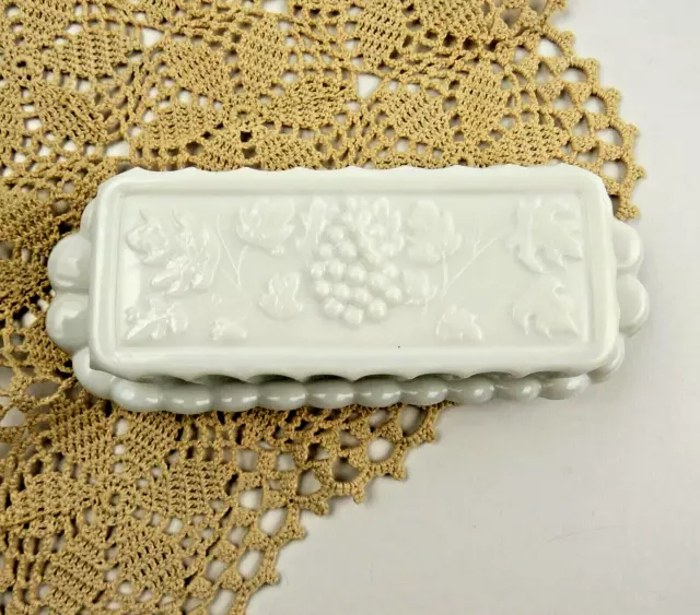 Vintage Westmoreland White Milk Glass Covered Butter Dish Grape Vine Design