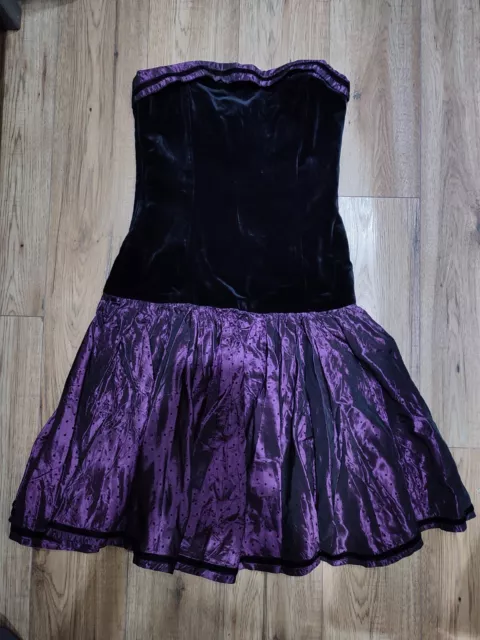 Laura Ashley Vintage 80s Black Velvet Purple Polka Taffeta Drop Waist Dress • 14