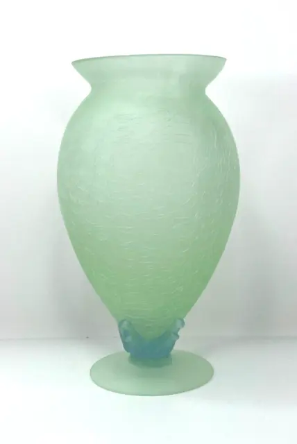 Frosted Crackled Green & Blue Art Glass Vase, Footed 9" Tall 5" Wide Decorative