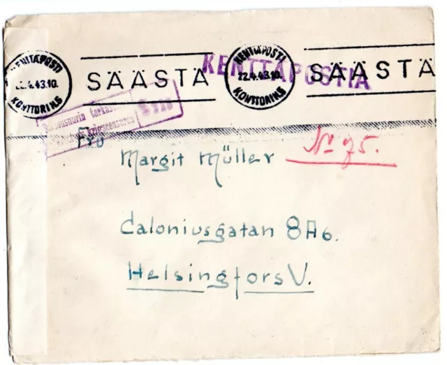 Finnland, Kentapostia / Feldpost 1943 mit Zensur, siehe Scan