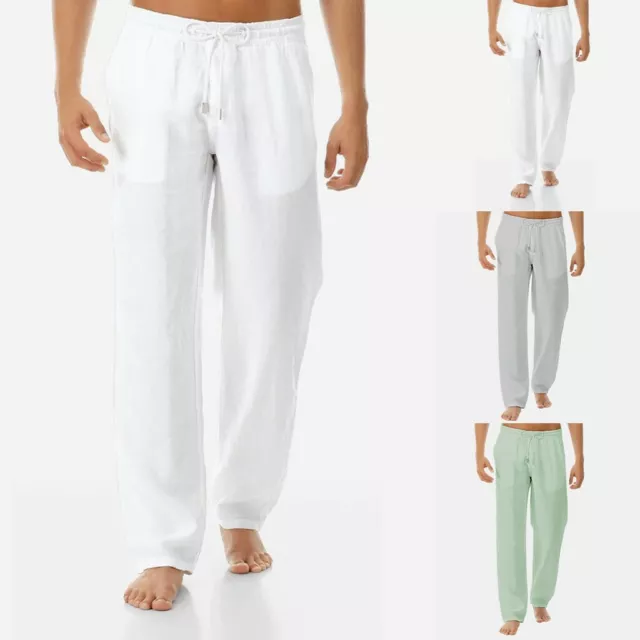 Summer Men's Casual Loose Cotton Linen Long Pants Harem Elastic Waist Trousers
