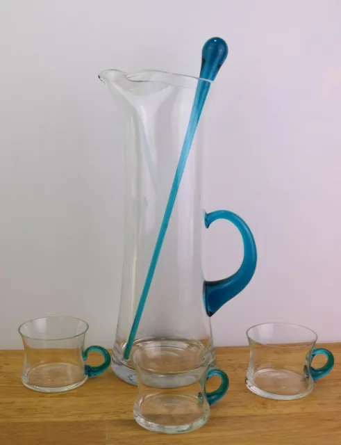 Tall Pitcher Aqua Stirrer & 3 Cocktail Glasses Hourglass Shape Applied Handles