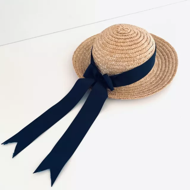 Vintage Little Girl's Straw Hat with Navy Ribbon - Approximately ages 5-7