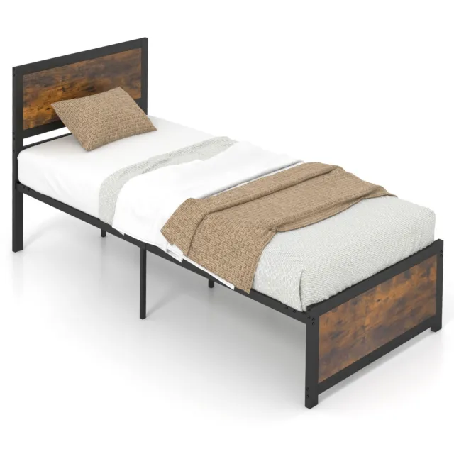 Single Size Bed Frame Heavy-duty Industrial Metal Platform Bed w/High Headboard