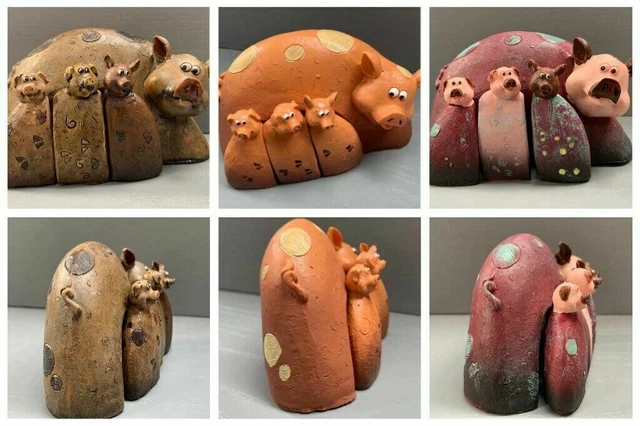 Happy Pig and Piglets Hand Painted Figurine Ornament Gift Size H7cm x W10cm
