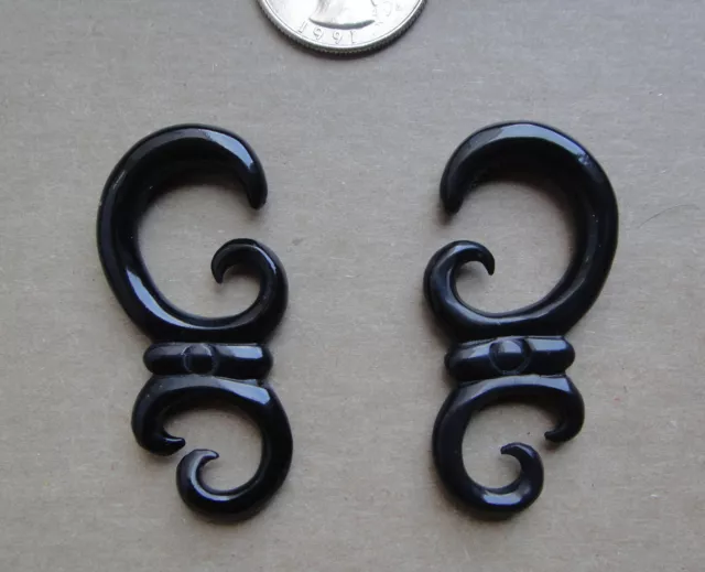 Pair Hand Carved Horn Tribal Floral Spirals Hanging Letter "G" Ear Gauges Plugs