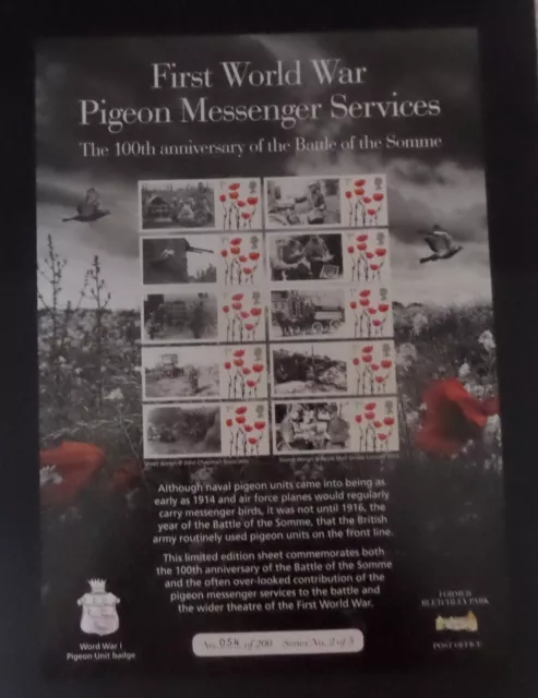 GB 2016 1st  World War Pigeon Messenger Service smiler Bletchley Park 54  of 200