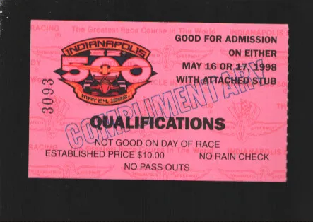 Indianapolis 500 Ticket Stub 5/16/1998-Qualifications-May 16 or17-Size is abo...