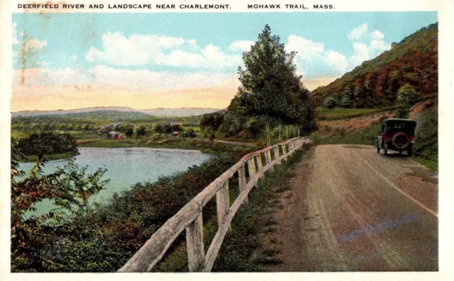 Mohawk Trail MA-Massachusetts Deerfield River Landscape Old Car Vintage Postcard