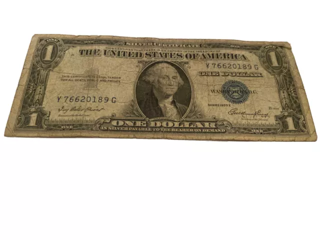  1935 E Silver Certificate One Dollar Bill Note Blue Seal