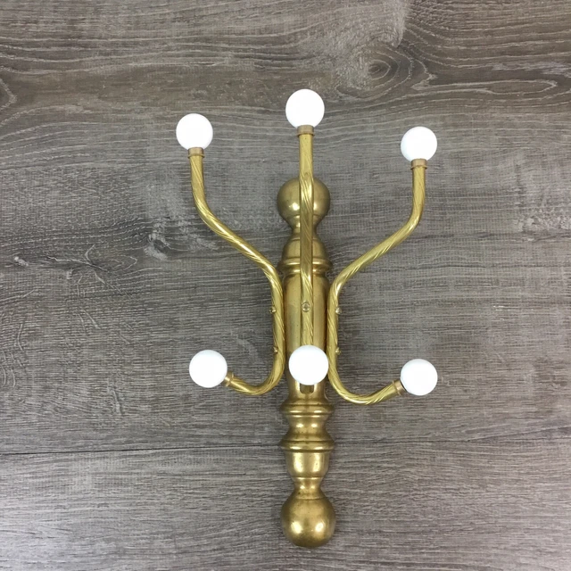 Vintage Brass and Porcelain 3 Arm 6 Knob Hooks Wall Mount Hat Towel Coat Hanger