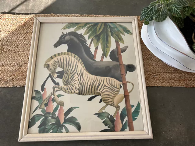 Vintage MCM Bernard Watercolor Print Horse Zebra Equestrian Tropical 17.5x19.5”