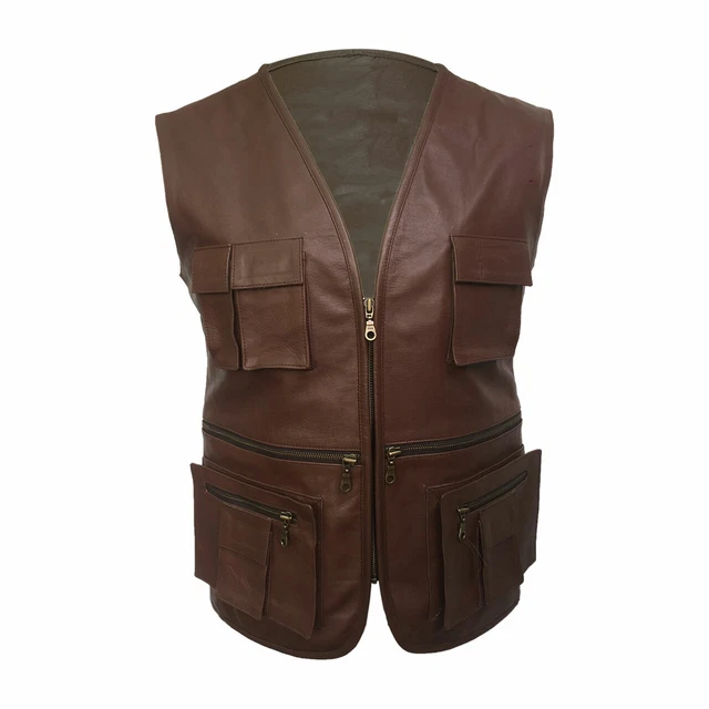 Uomo Stile Biker Gilet Vero Mucca IN Pelle Marrone Moto Gilet