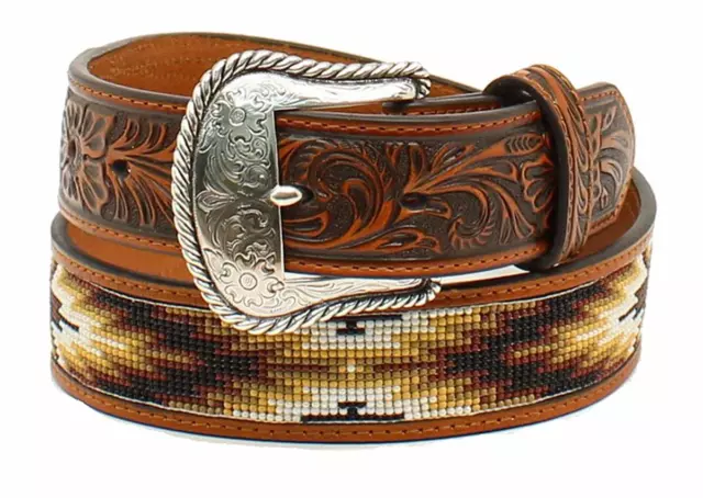 Nocona Western Mens Belt Leather Tooled Beaded Tan