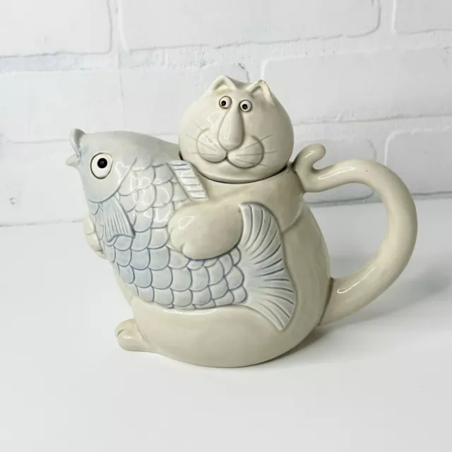 Vintage 80s Fitz and Floyd Catnip Collection Cat Holding Fish Teapot Ceramic 6.7