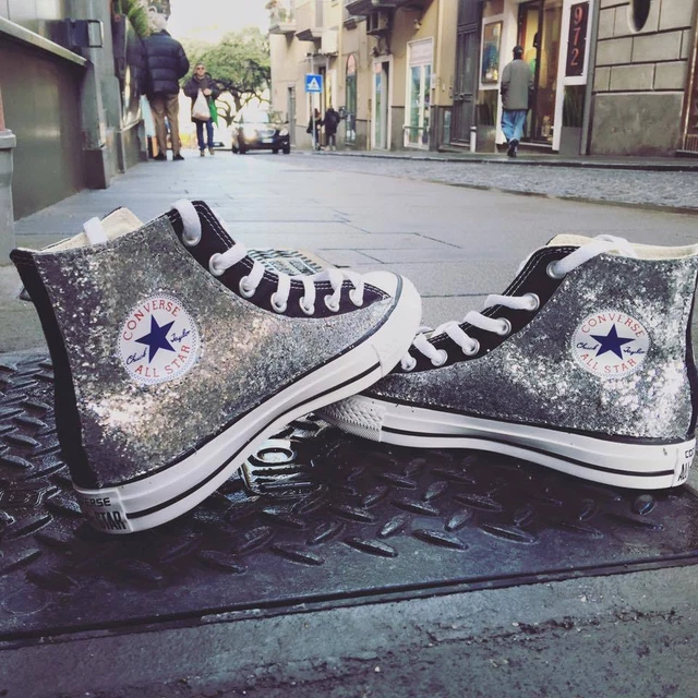 Converse all Star Nere personalizzate con tessuto Glitter argento Clean