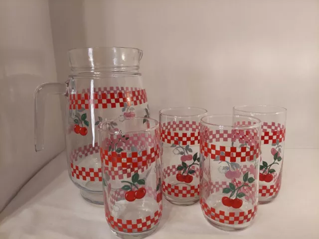 Vintage Glass Drinking Pitcher- 4 Glasses w/Red Cherries-Red Checkered Pattern