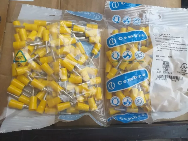 CEMBRE GF-P14 - 100 Pack: 4 - 6mm Insulated Pin crimp Cable Terminals Yellow