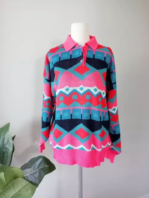KATIES Vintage Bright Colourful Collared Knit Jumper 80s - Size 12