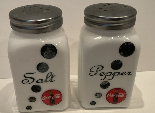 White Milk glass Salt And Pepper Shakers Coca Cola